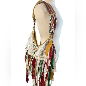 Handmade lightweight Bohemian Bag w/gold,green,red stripes & cream lace fringe